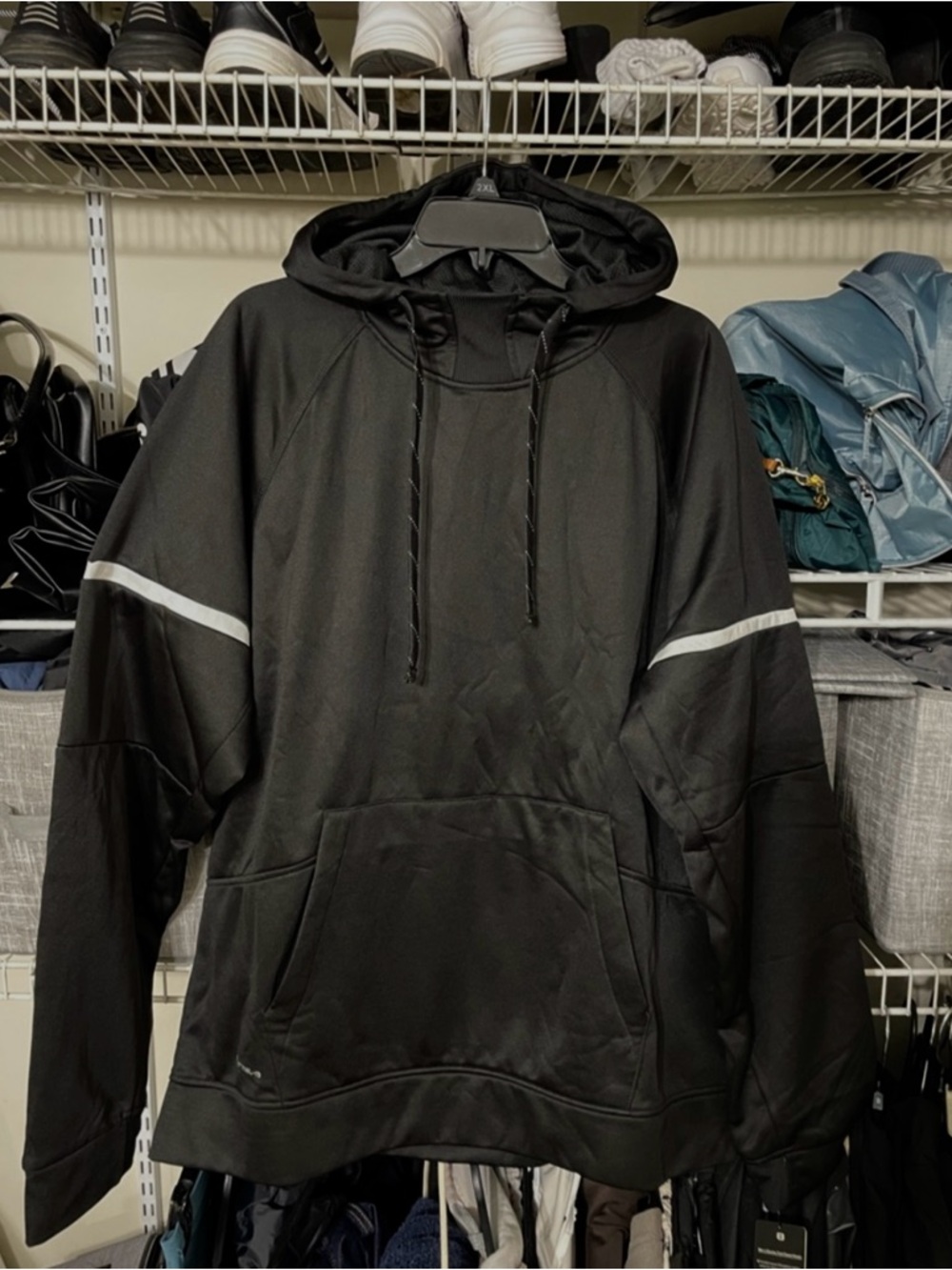 Layer 8 Black Hooded Performance Pullover with Stripes